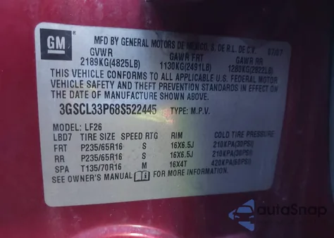 2008 Saturn Vue 4-Cyl Xe from USA, damaged, VIN 3GSCL33P68S522445